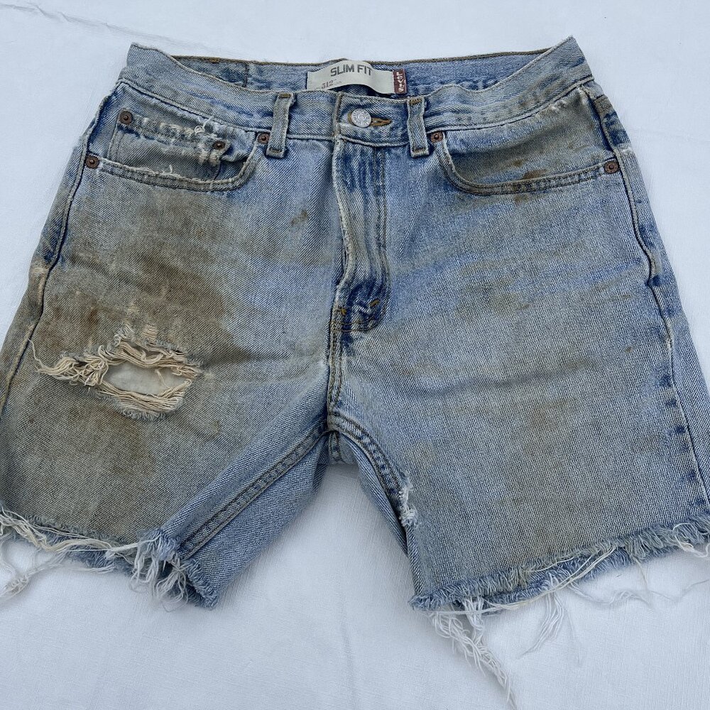Vintage Levis 312 Slim Fit Jean Shorts Size 32 Distressed Cutoff Holes